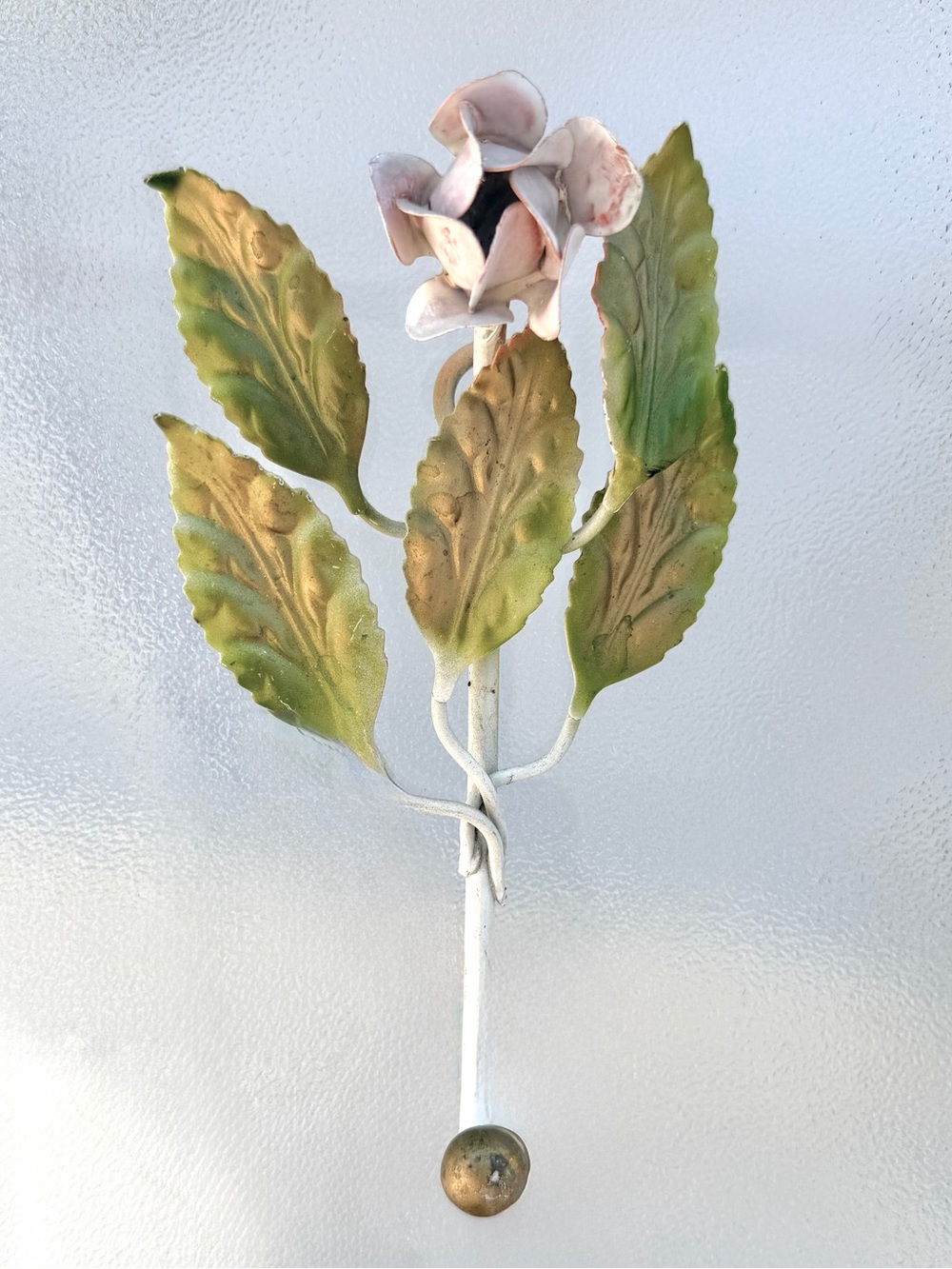 Italian Mid-Century Modern Toleware Gold Gilded Pink Rose Flower Metal Wall Hook